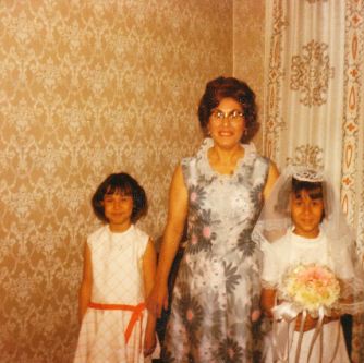 Beautiful Damask walls, Curtains made by Mom, She also made our dresses!!